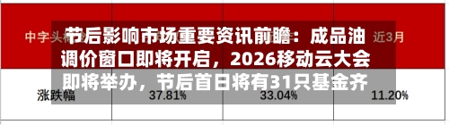 节后影响市场重要资讯前瞻：成品油调价窗口即将开启，2026移动云大会即将举办	，节后首日将有31只基金齐发-第3张图片